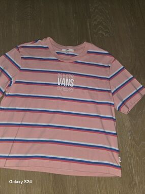 Vans Womens S Cropped Pink Striped Logo Tee